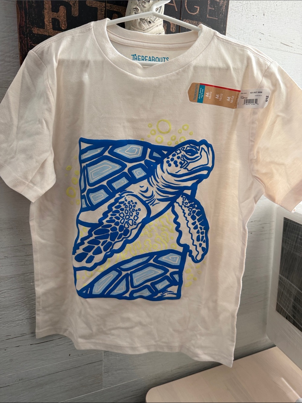 Thereabouts Kids Cream Short Sleeve Tee with Blue Turtle Graphic